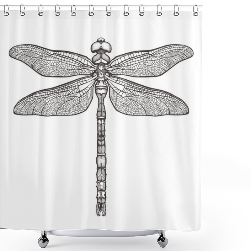 Personality  Black Dragonfly Aeschna Viridls, Isolated On White Background. Dragonfly Tattoo Sketch. Coloring Books. Hand-drawn Vector Illustration. Shower Curtains