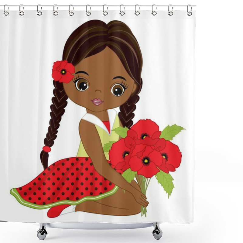 Personality  Beautiful Black Girl With Bouquet Of Red Poppies Shower Curtains