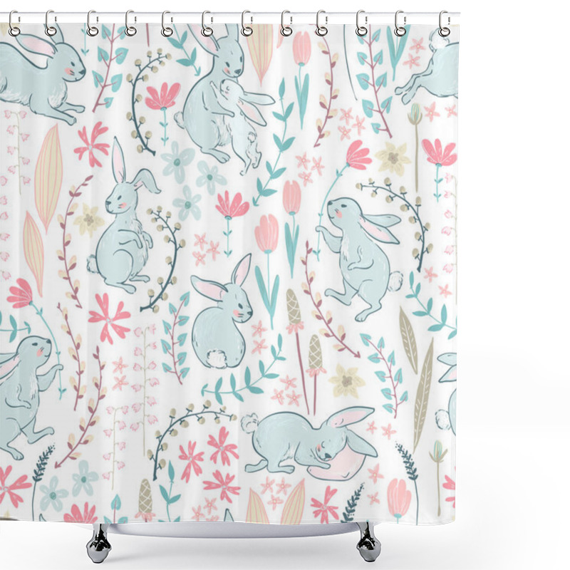 Personality  Easter Seamless Pattern With Cartoon Cute Bunnies And Flowers With Branches In Pastel Colors, Vector, Illustration Shower Curtains