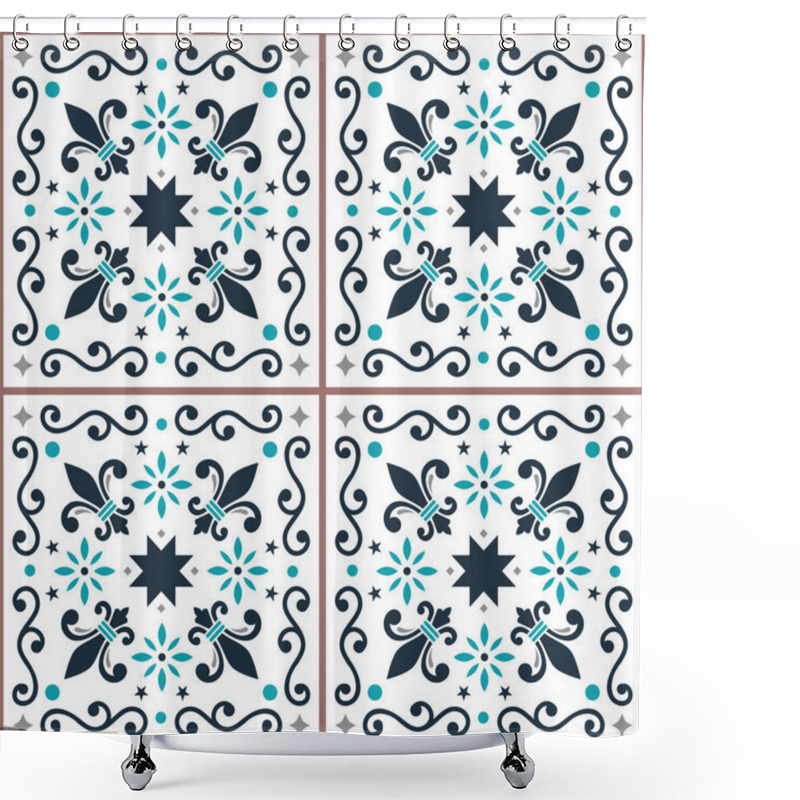 Personality  Azulejos Seamless Vector Pattern, Portuguese Lisbon Tiles Design With Fleur De Lis, Flowers And Geometric Shapes Shower Curtains