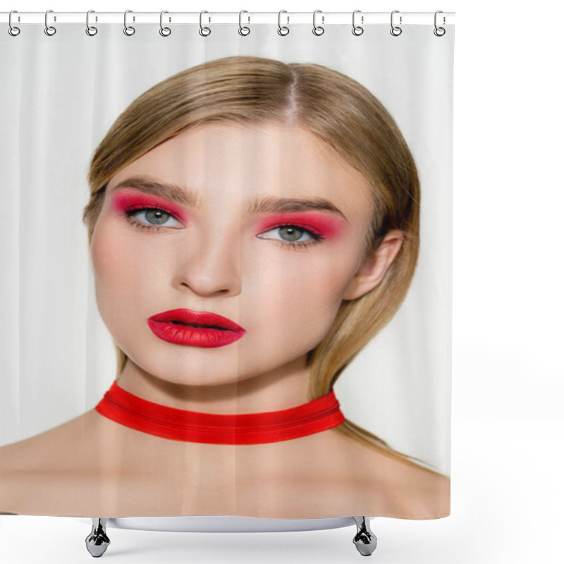 Personality  Portrait Of Young Model With Red Visage And Zipper On Neck Isolated On White  Shower Curtains