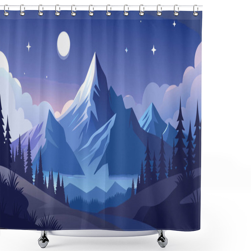 Personality  Peaceful Digital Illustration Of Snowy Mountains At Night With Starry Sky Shower Curtains