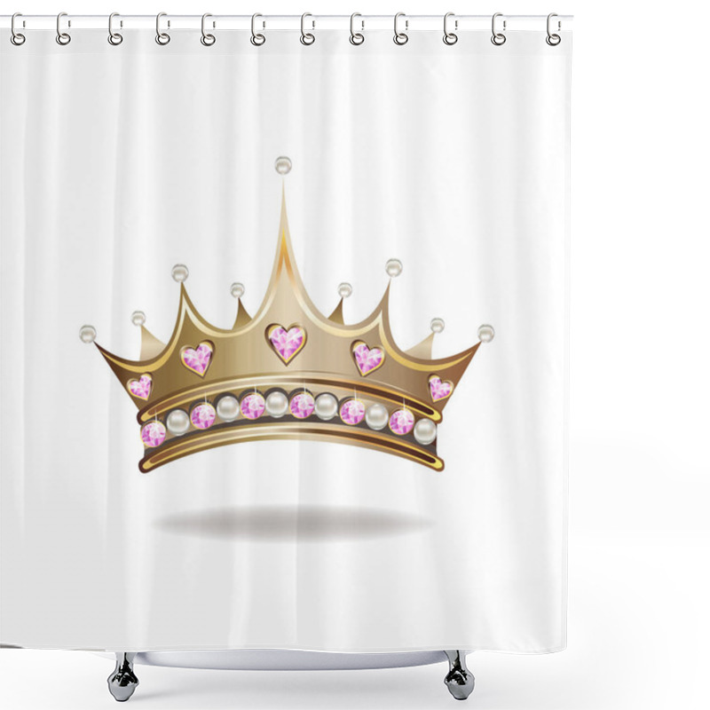 Personality  Princess Crown Or Tiara With Pearls And Pink Gems In The Shape Of A Heart Vector Illustration Isolated On White Background. Shower Curtains