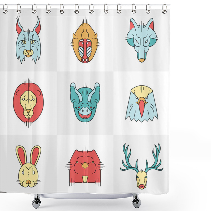 Personality  Set Of Animals Linear Flat Icons, Labels, Illustrations For Your Design. Lynx, Monkey, Wolf, Lion, Bat, Eagle, Rabbit, Beaver, Deer Shower Curtains