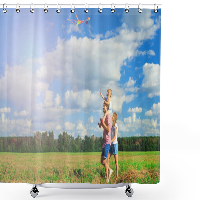 Personality  Mother, Father And Daughter Are Flying A Kite In The Field. Back Shower Curtains