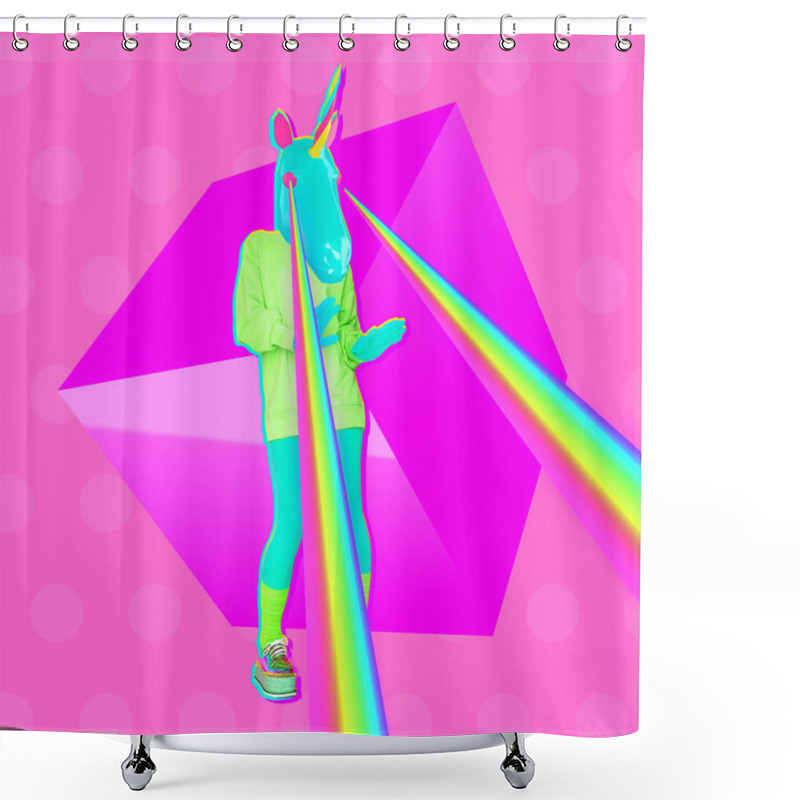 Personality  Party Dancing Unicorn With Rainbow Lasers From Eyes. Minimal Collage Clubbing Art Shower Curtains