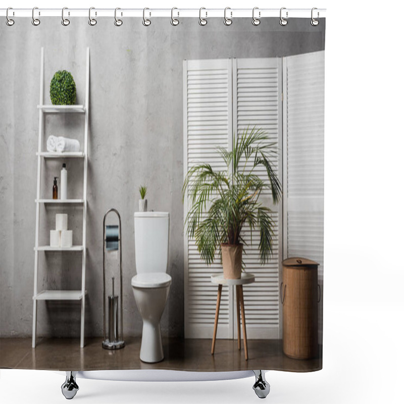 Personality  Interior Of Modern Bathroom With Toilet Bowl Near Rack With Cosmetics, Towels, Toilet Paper, Laundry Basket, Palm Tree And Toilet Brush Shower Curtains