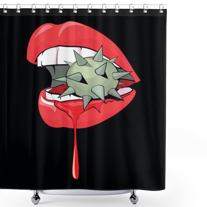 Personality  Vector Illustration Of A Female Mouth Biting A Spiked Metal Sphere On Black Background. Bondage Poster. Shower Curtains