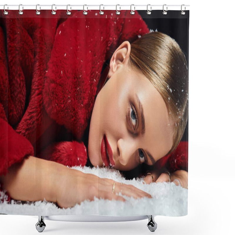 Personality  A Lovely Woman Rests On Soft Snow, Showcasing A Vibrant Red Coat And Striking Blue Eyes. Shower Curtains