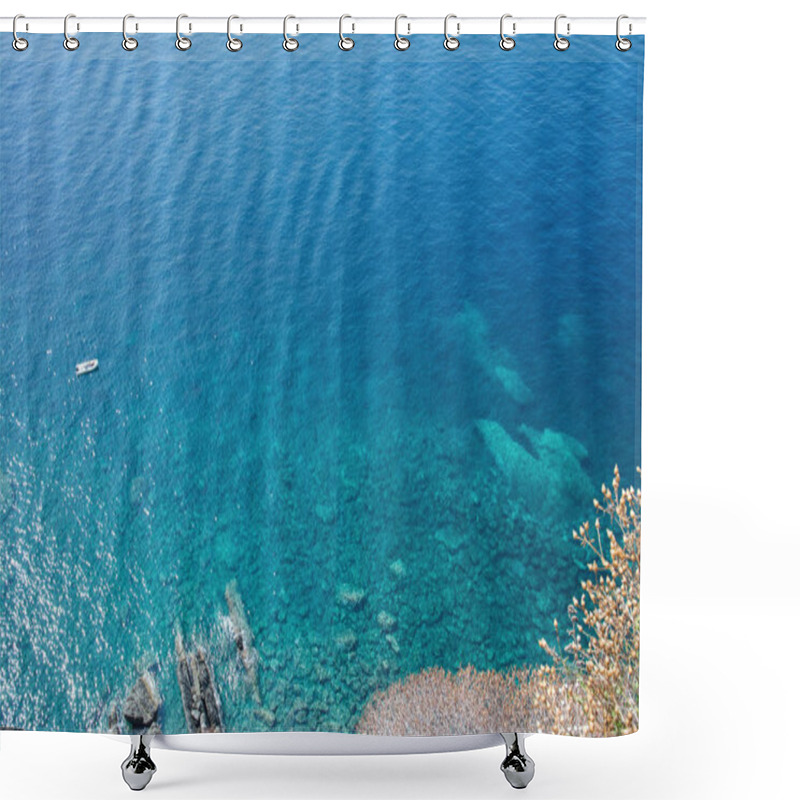 Personality  View Of The Sea Surface And Rock. Background With A Seascape. All Shades Of Turquoise Sea Water. Coast Of The Cinque Terre. Shower Curtains