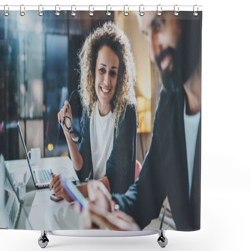 Personality  Two Coworkers Working Process Photo.Young Woman Working Together With Colleague At Night Modern Office Loft.Teamwork Concept.Blurred Background.Horizontal. Shower Curtains