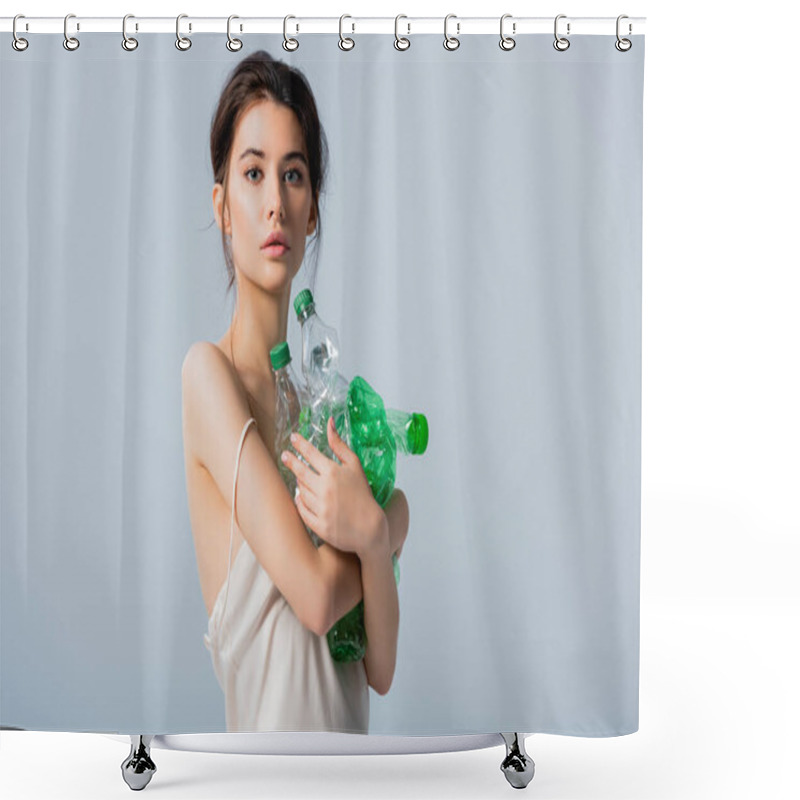 Personality  Brunette Woman In Silk Dress Looking At Camera While Holding Plastic Bottles Isolated On Grey, Ecology Concept  Shower Curtains