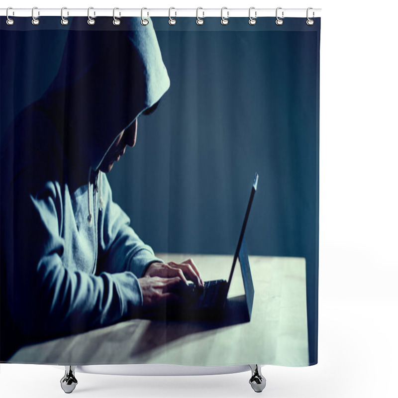 Personality  Male Hacker Writing Code On A Laptop Shower Curtains