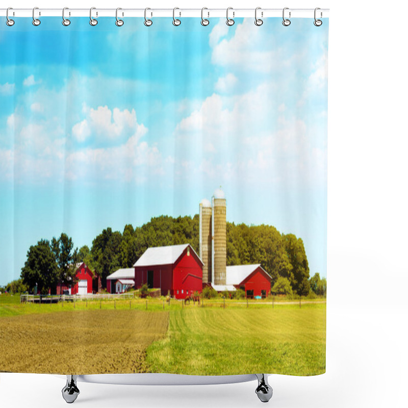 Personality  American Countryside Red Farm With Blue Sky Shower Curtains