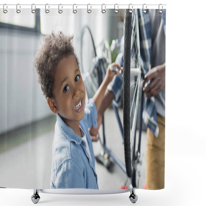 Personality  Adorable Afro Boy Repairing Bicycle Shower Curtains