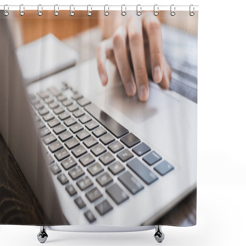 Personality  Morning Business Male. Male Hands Working On A Laptop. Horizonta Shower Curtains