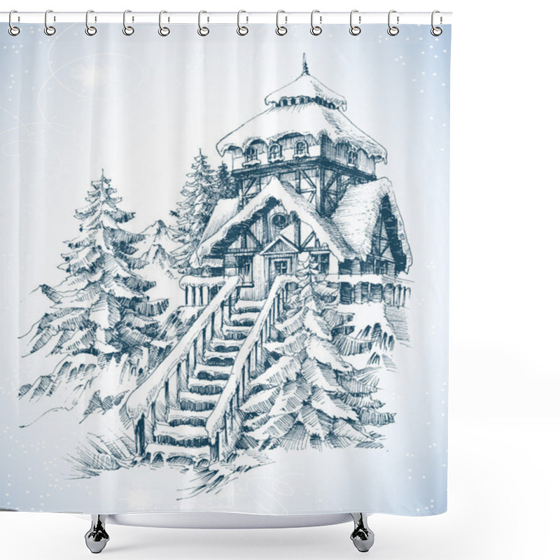 Personality  Winter Nature, Pine Trees And House In The Snow Sketch  Shower Curtains