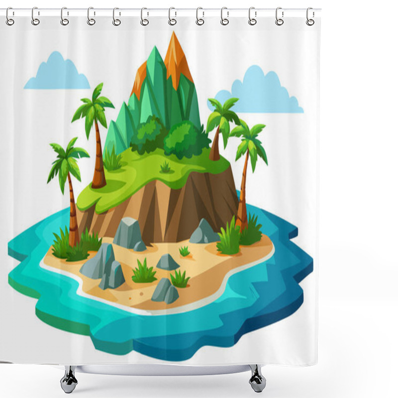 Personality  A Cartoon Illustration Of A Tropical Island With A Palm Tree, A Small House Shower Curtains