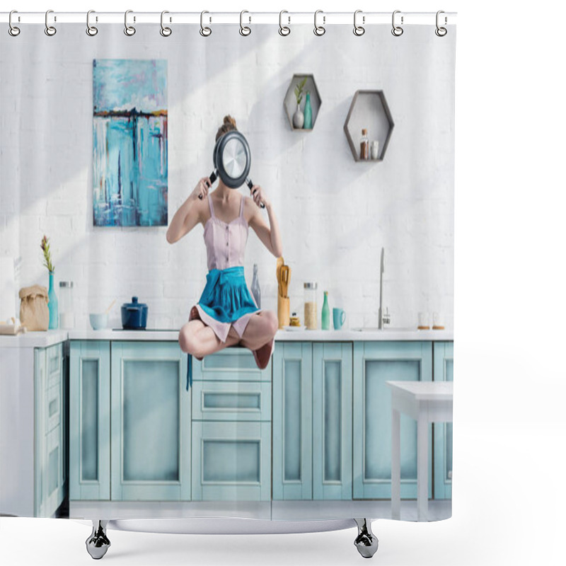 Personality  Young Woman Flying In Air In Lotus Pose With Pans In Front Of Face Shower Curtains