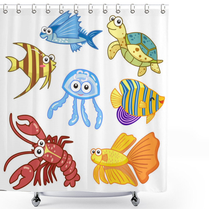 Personality  Cartoon Sea Animals Set With White Background Shower Curtains