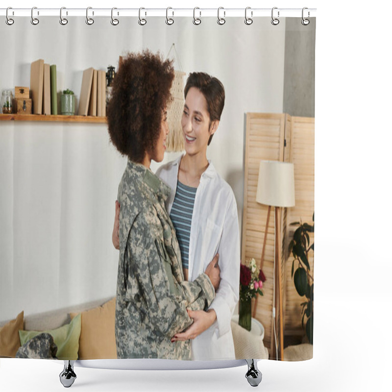 Personality  A Soldier Bids Farewell To Her Loving Wife In A Cozy Living Room Filled With Warmth And Affection. Shower Curtains