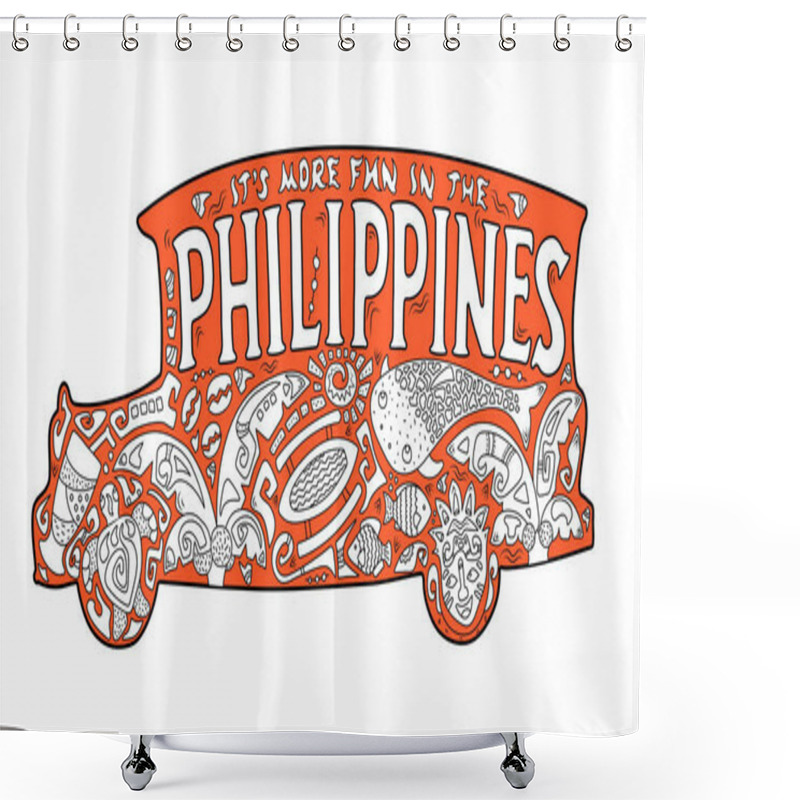 Personality  Orange Jeepney With Philippine Ornament. Palm Tree, Whale Shark, Mask, Turtle, Halo-halo. Vector Coloring Page. Philippines Postcard. Polynesian Style Motif. It's More Fun In The Philippines Lettering Shower Curtains