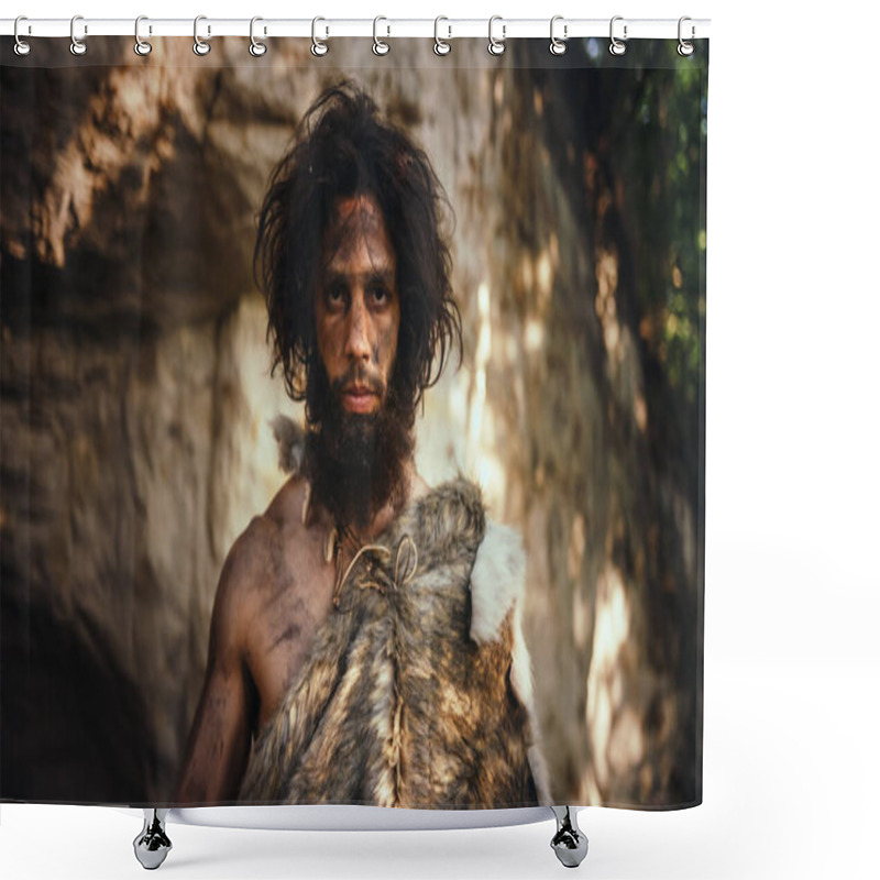 Personality  Portrait Of Primeval Caveman Wearing Animal Skin Holding Stone Tipped Hammer. Prehistoric Neanderthal Hunter Posing With Primitive Hunting In The Jungle. Looking At Camera Shower Curtains