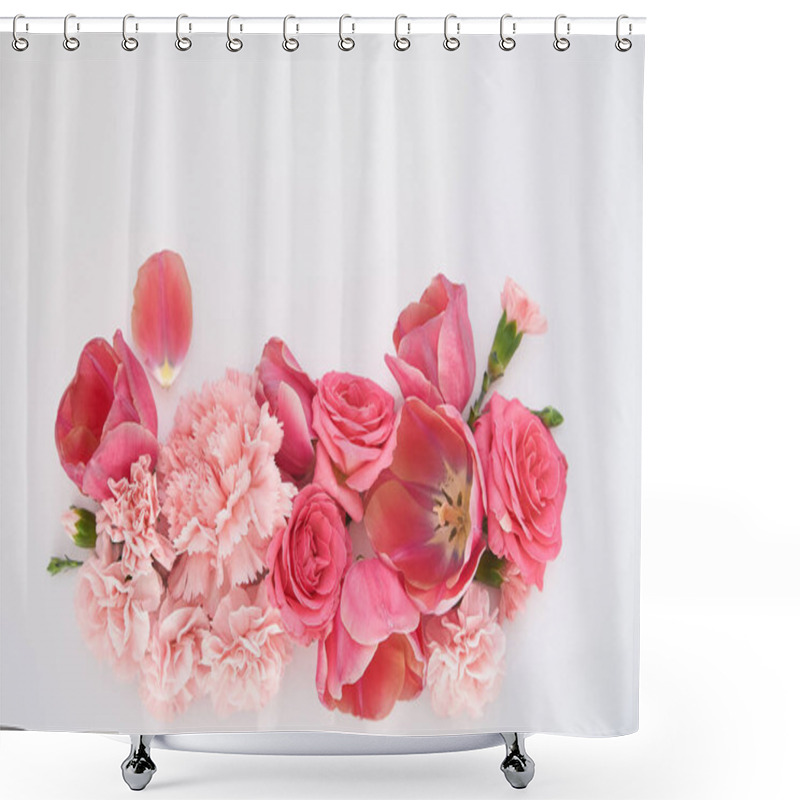 Personality  Top View Of Pink Spring Flowers On White Background With Copy Space Shower Curtains