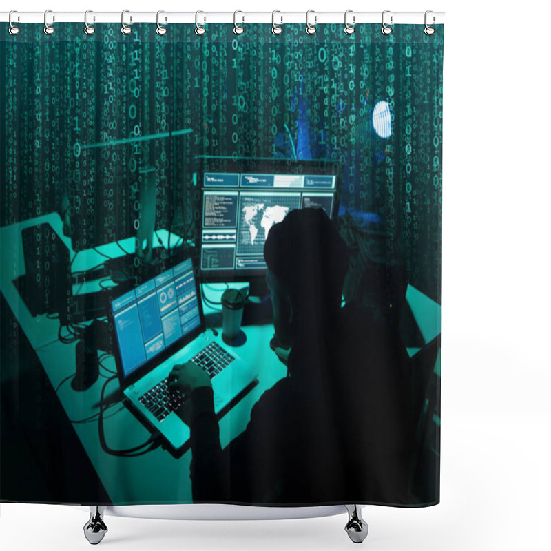 Personality  Wanted Hackers Coding Virus Ransomware Using Laptops And Computers In The Basement. Cyber Attack, System Breaking And Malware Concept. Shower Curtains