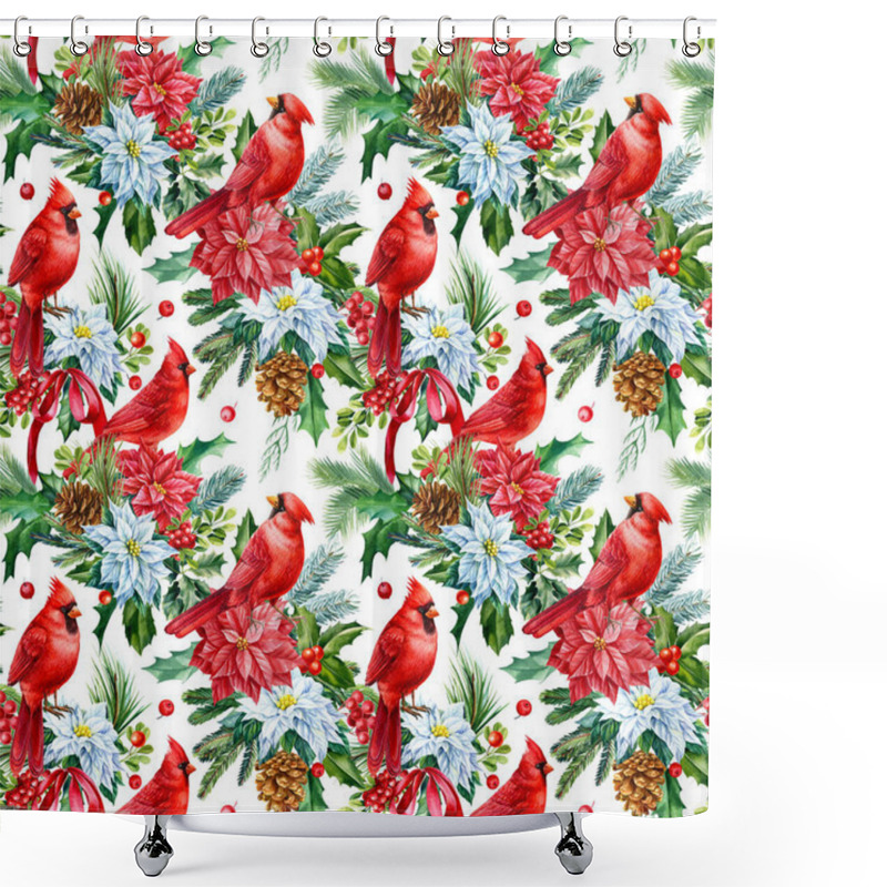 Personality  Seamless Pattern With Red Birds, Winter Plants, Poinsettia, Holly, Berries And Leaves. Watercolor Illustration Shower Curtains