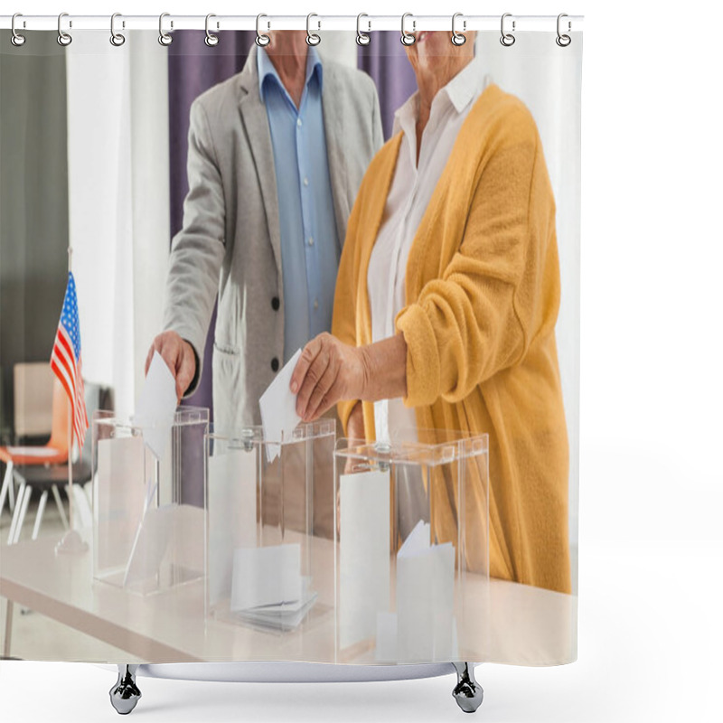 Personality  Elderly People Putting Ballot Papers Into Boxes At Polling Station Shower Curtains