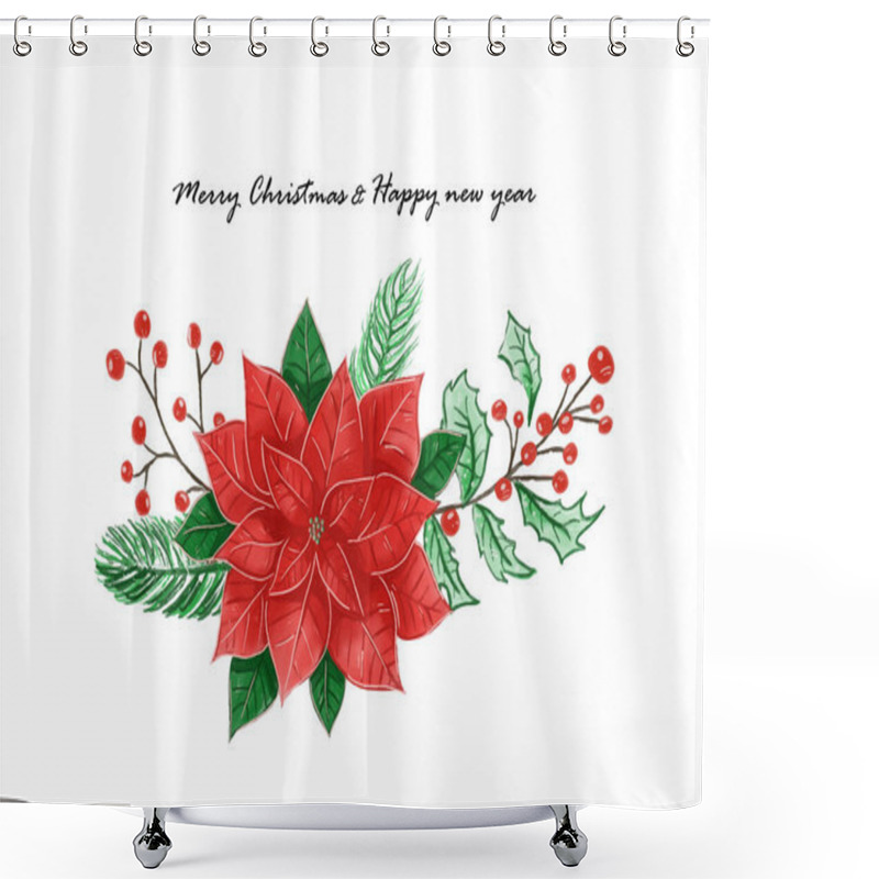 Personality  Merry Christmas And Happy New Year Festival With Poinsettia Flower Or Christmas Star And Christmas Plant Watercolor Background Vector  Shower Curtains