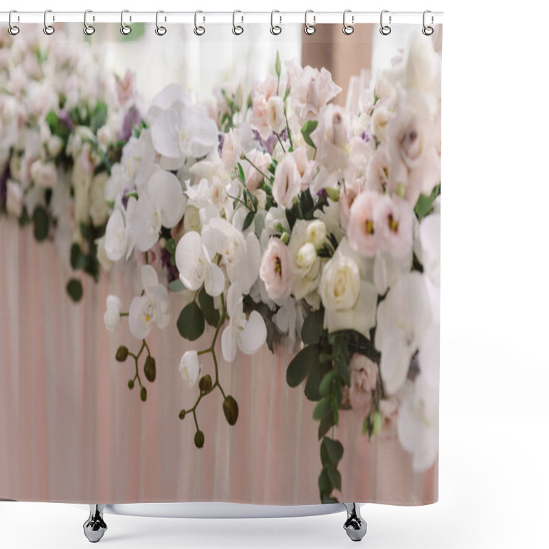 Personality  A Long Composition Of Fresh Luxury Flowers On The Wedding Table Of The Groom And Bride Shower Curtains