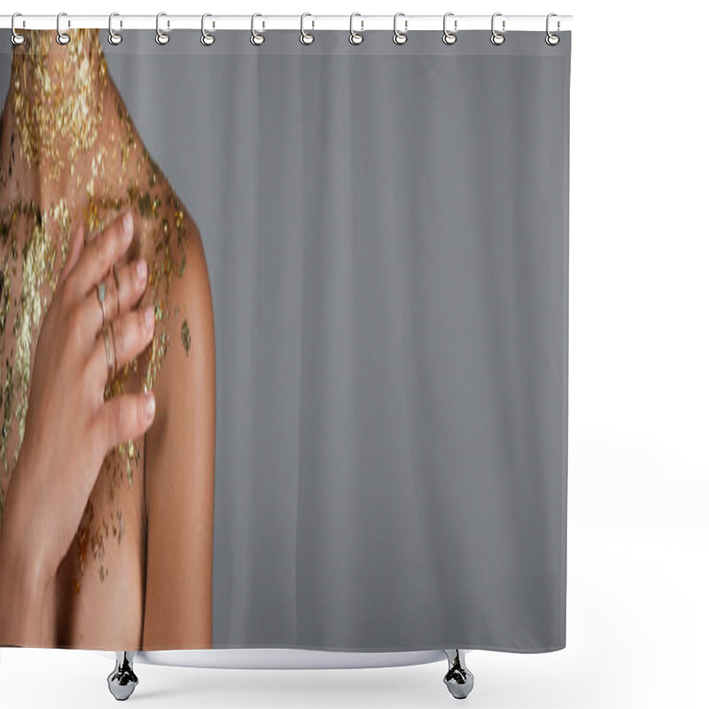 Personality  Cropped View Of Young African American Woman Touching Golden Foil On Shoulder Isolated On Grey, Banner  Shower Curtains