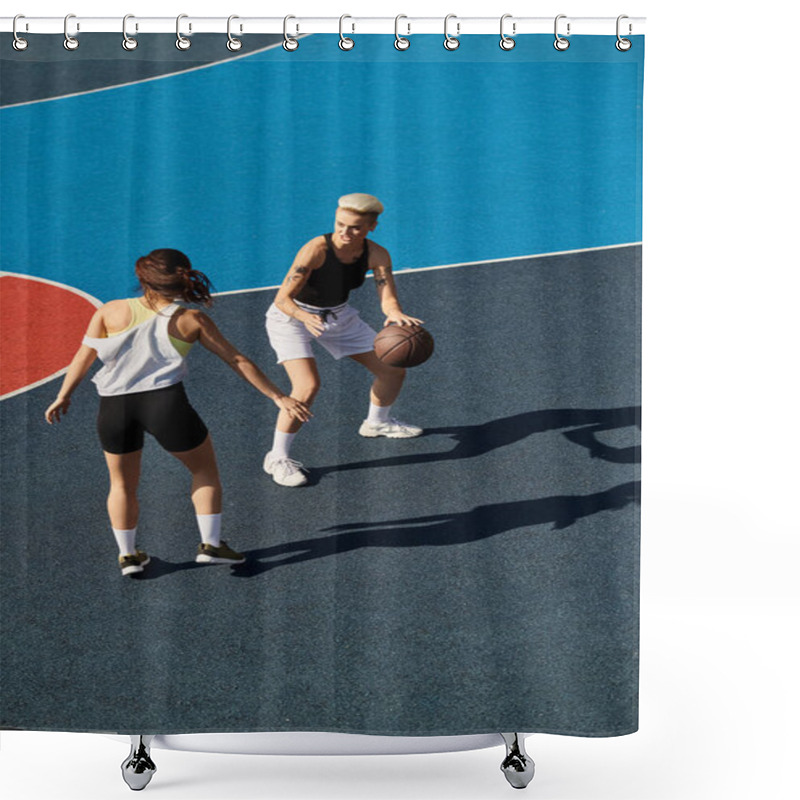 Personality  Two Young Women Stand Confidently At The Peak Of A Basketball Court, Embodying Strength And Teamwork Under The Summer Sun. Shower Curtains