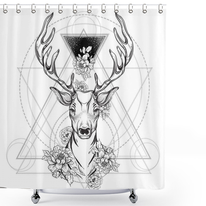 Personality  Deer Head With Peony Flowers And Sacred Geometry. Vector Illustration Isolated On White. Boho Style, Tattoo Design, Mystic Symbol, Astronomy, Dark Romance. Shower Curtains