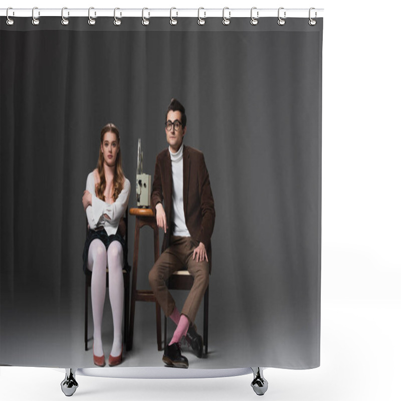 Personality  Concentrated Couple Watching Movie On Film Projector While Sitting On Grey Background Shower Curtains