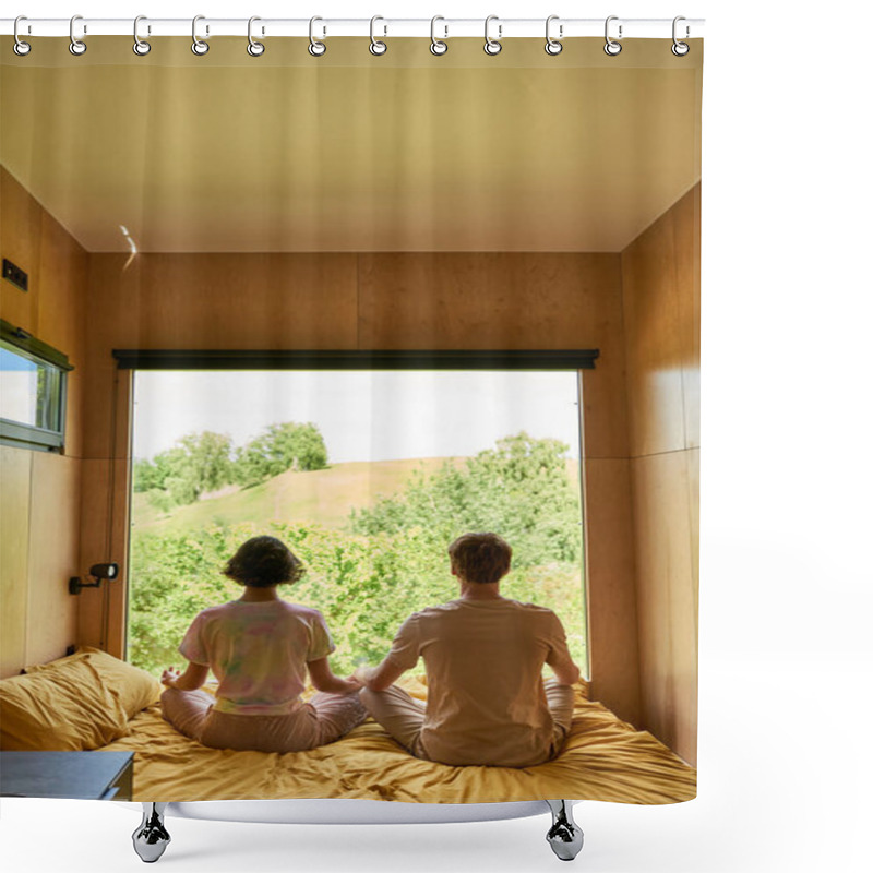 Personality  Back View Of Couple Sitting On Bed And Meditating Together Next To Window With Forest View Shower Curtains