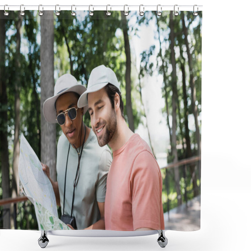 Personality  Positive Multiethnic Tourists In Sun Hats Looking At Travel Map In Blurred Park Shower Curtains