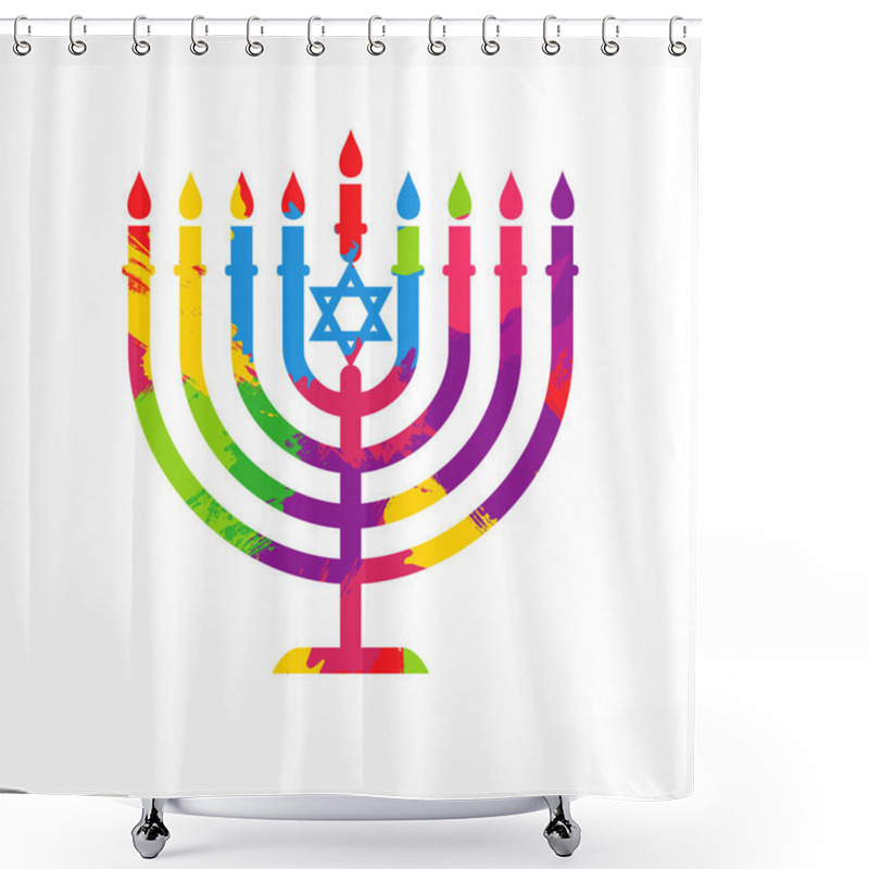 Personality  Drawn Style Hanukkah Menorah. Happy Hanukkah Jewish Festival Of Lights,  Menorah Candle Icon With Colored Ink Blots Texture. Vector Illustration Shower Curtains