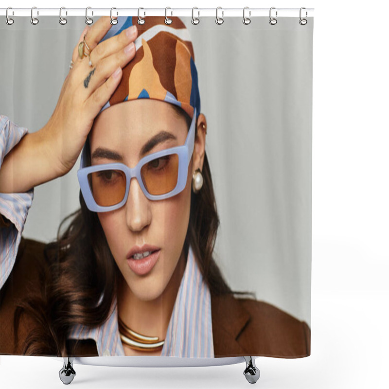 Personality  Young Woman Displays Unique Style With Bold Accessories And A Confident, Radiant Beauty. Shower Curtains