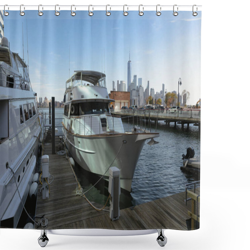 Personality  White Yachts Near Pier On Hudson River With New York Cityscape On Background Shower Curtains