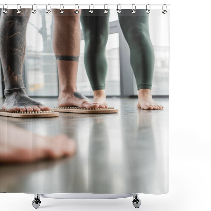 Personality  Cropped View Of Tattooed Man Standing With Bare Feet On Nail Board Near Woman In Yoga Studio Shower Curtains