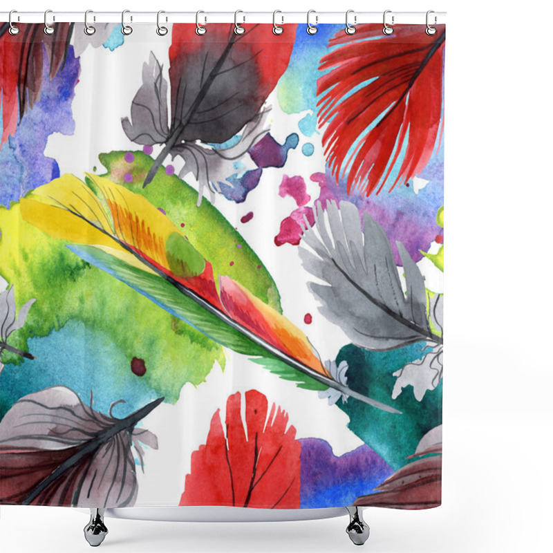 Personality  Colorful Bird Feather From Wing Isolated. Watercolour Drawing Fashion Aquarelle. Fabric Wallpaper Print Texture. Shower Curtains