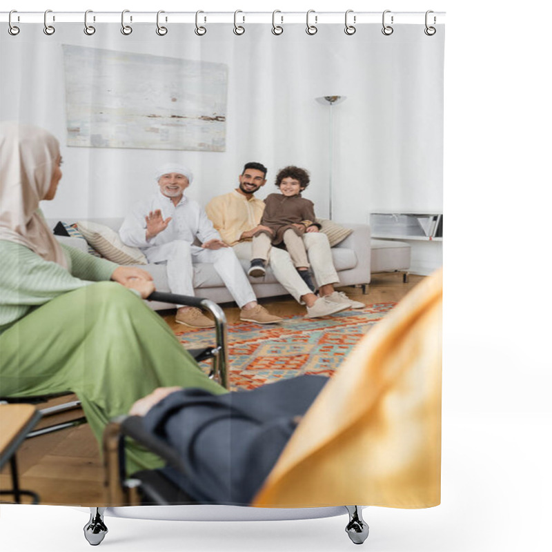 Personality  Mature Muslim Man Waving Hand While Talking To Multicultural Family In Living Room Shower Curtains