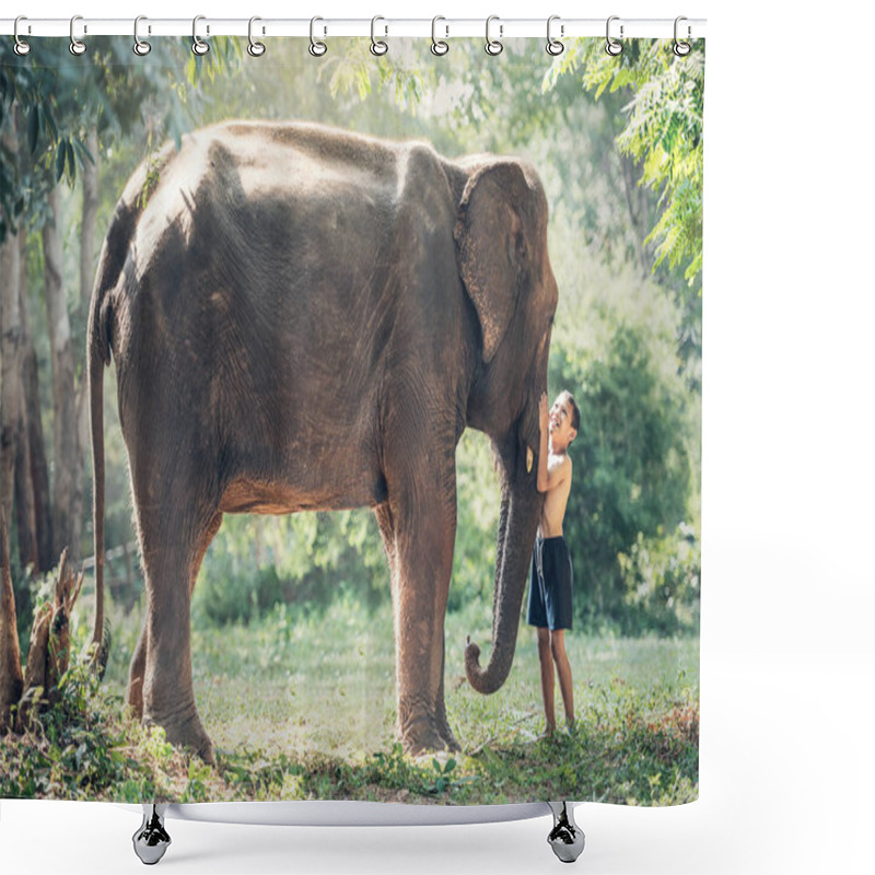 Personality  Friendship Between Children With Elephant At Countryside Of Thailand Shower Curtains