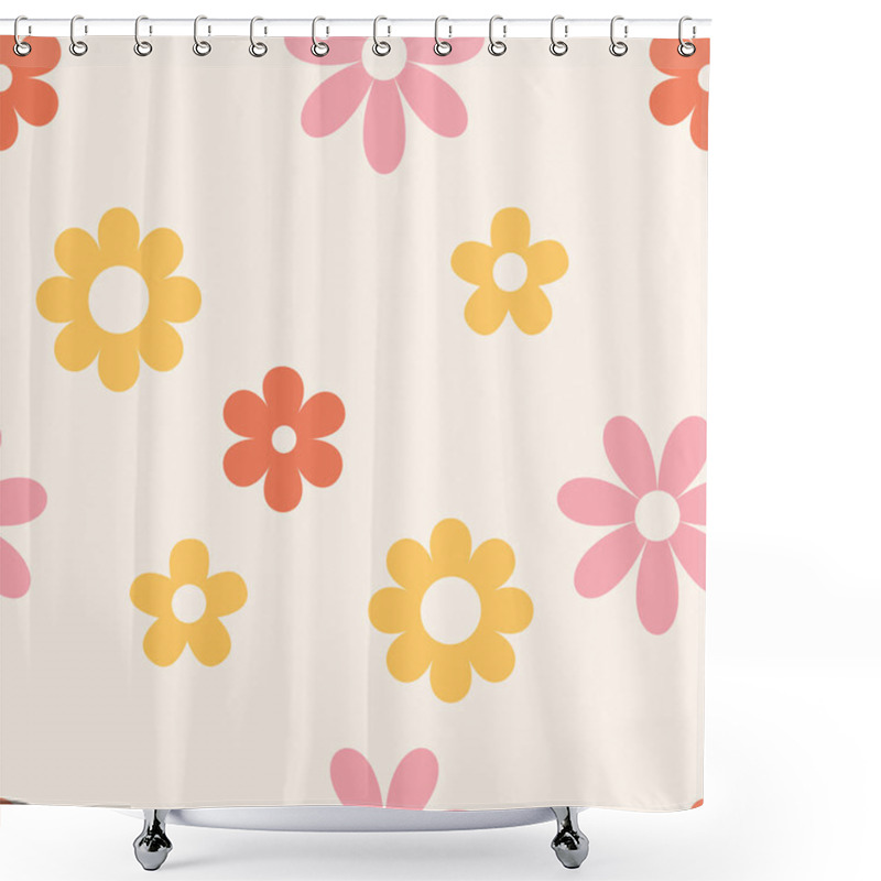 Personality  Floral Pattern In The Style Of The 70s With Groovy Daisy Flowers. Retro Floral Naive Vector Design. Style Of The 60s, 70s, 80s Shower Curtains