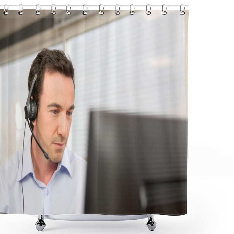 Personality  Man Using A Headset At A Computer Shower Curtains