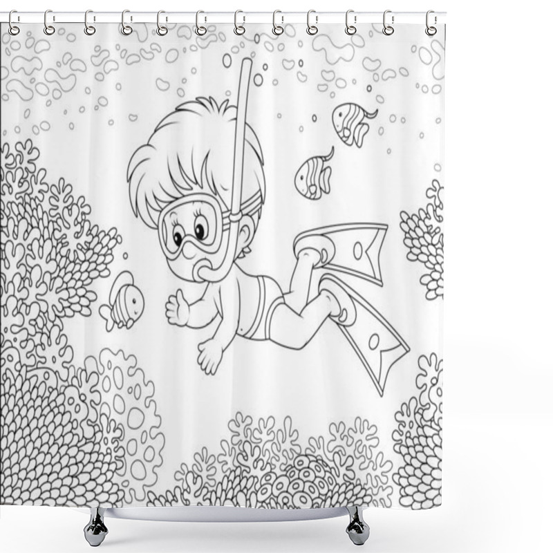 Personality  Little Boy Diving With A Mask And A Snorkel Among Funny Striped Fishes On A Coral Reef In A Tropical Sea, Black And White Outline Vector Illustration In A Cartoon Style For A Coloring Book Shower Curtains