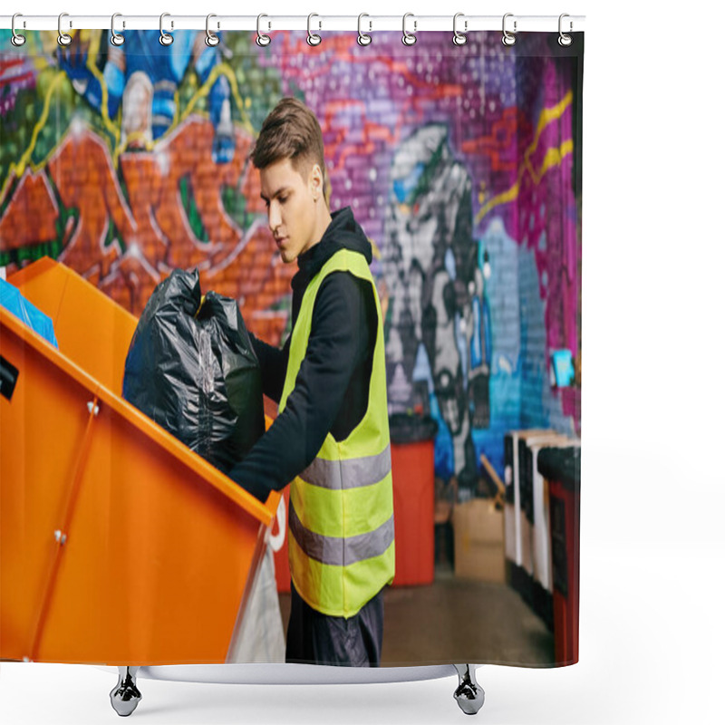 Personality  A Young Volunteer In A Yellow Vest Holds A Large Orange Trash Can While Sorting Trash With Eco-conscious Individuals. Shower Curtains